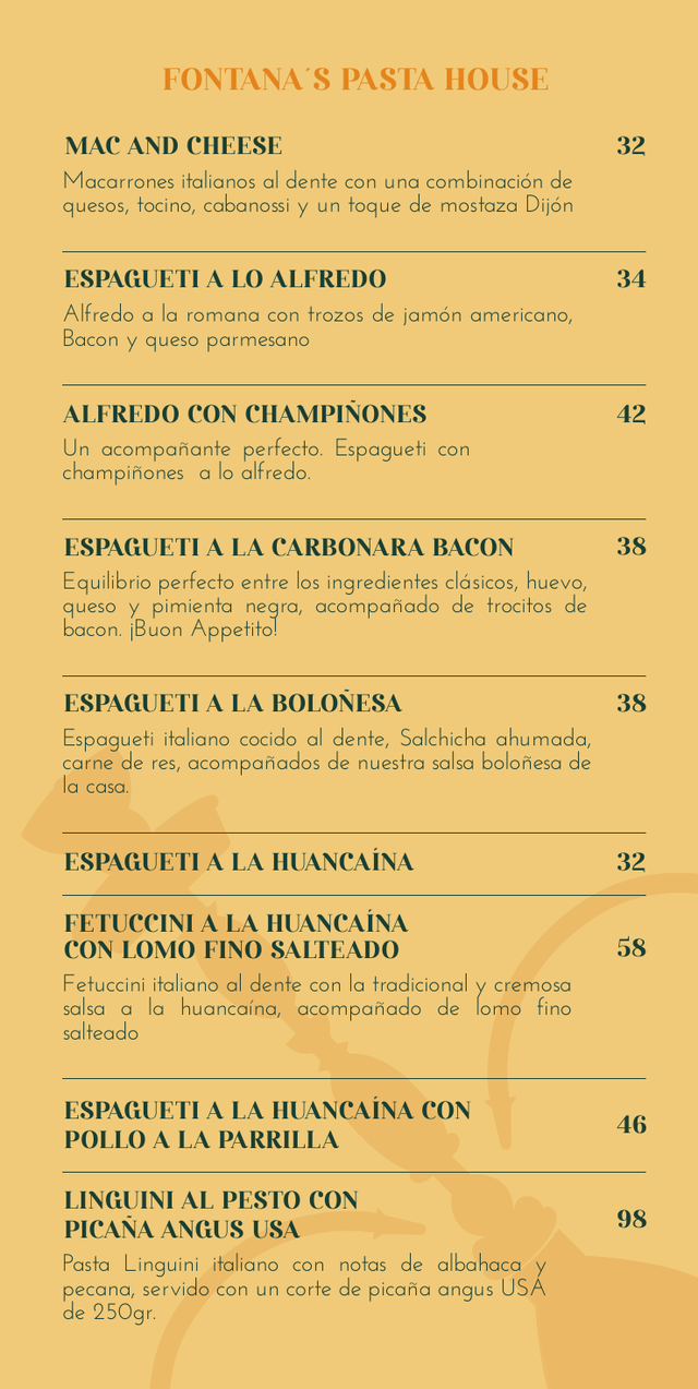 Fontana’s Pasta House · página 16: diseño, fotografías y precios de la carta original