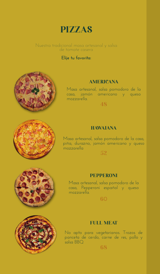 Pizzas · página 16: diseño, fotografías y precios de la carta original